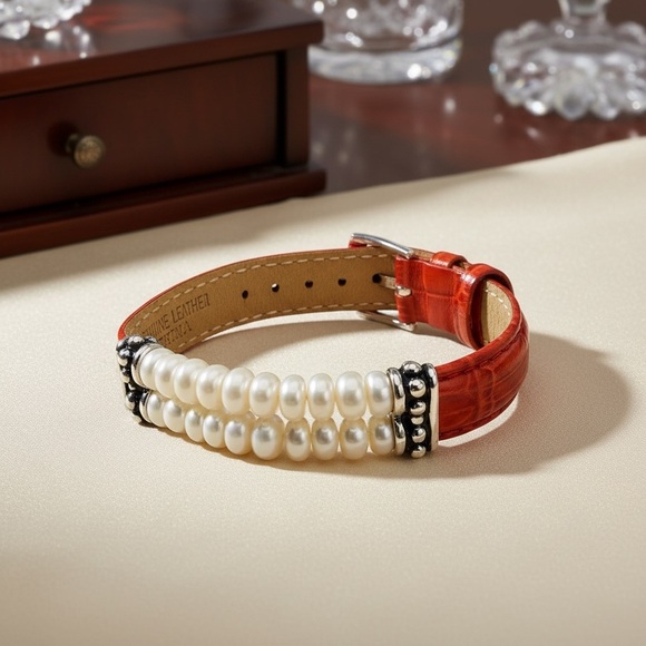 Honora Pearl & Red Leather Bracelet adjustable watch band - Picture 5 of 9